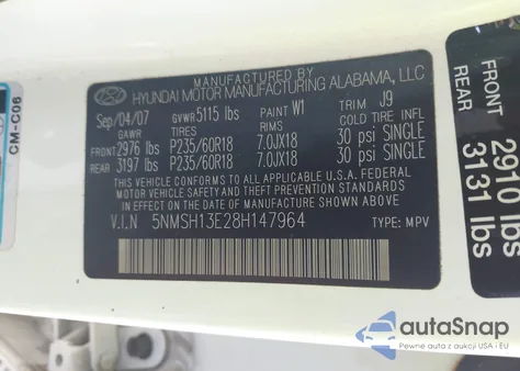 2008 Hyundai Santa Fe Limited/Se from USA, damaged, VIN 5NMSH13E28H147964